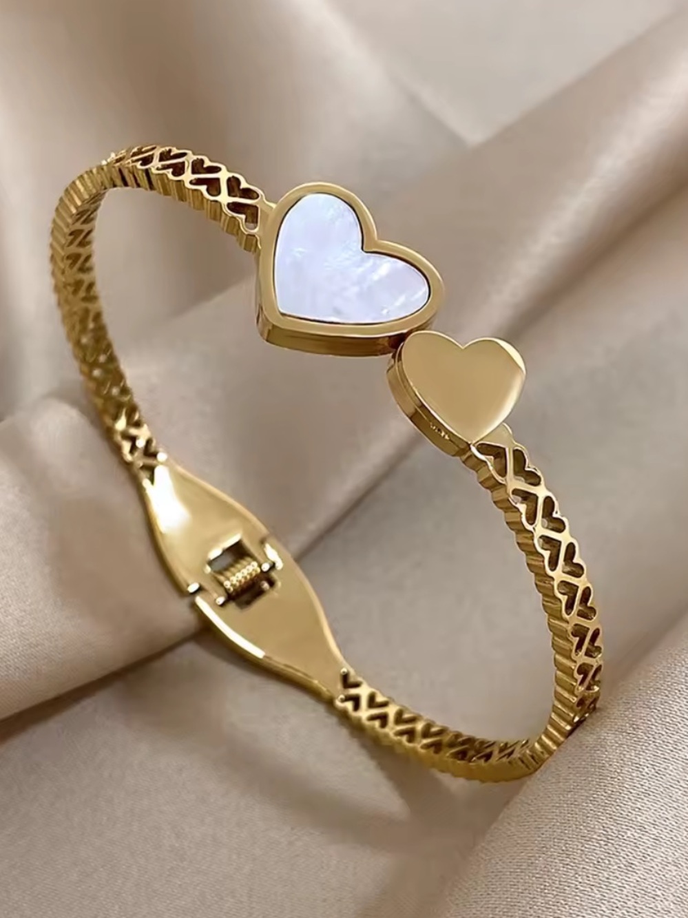 Anthropologie Gold Tone Heart Bracelet with Mother-of-Pearl Inlay